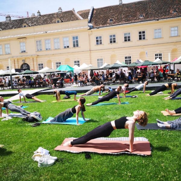 Besucher:innen beim gemeinsamen Yoga auf der Wiese vor dem Museumsquartier